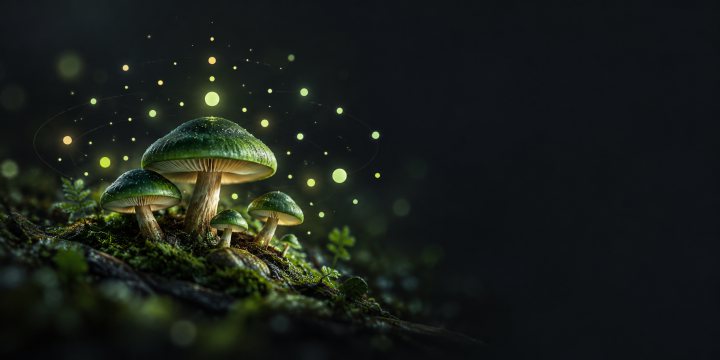 Green woodland mushrooms surrounded by lights representing a range of reaction-time results